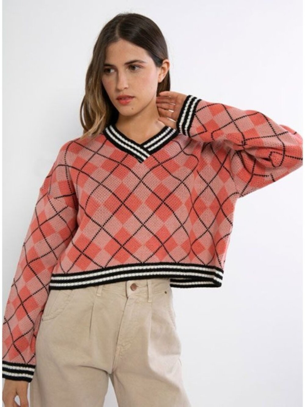 The Ragged Priest Pink V-Neck Argyle Cropped Sweater Size M Preppy Collegiate